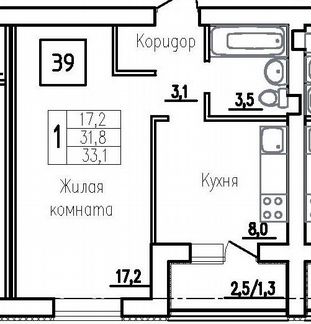 1-к квартира, 31.8 м², 5/5 эт.