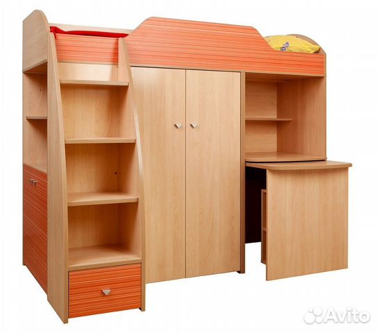 Кровать-чердак со столом и шкафом для одежды «радуга» купить за 19.
