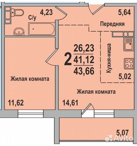 2-к квартира, 43 м², 1/10 эт.