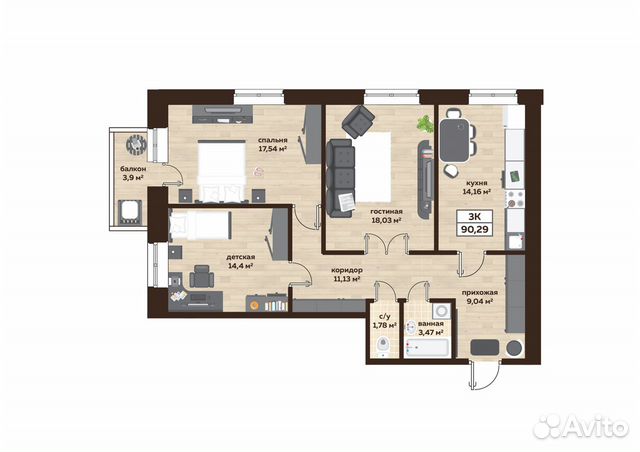 3-к квартира, 90 м², 6/8 эт. 3-к квартира, 90 м², 6/8 эт.