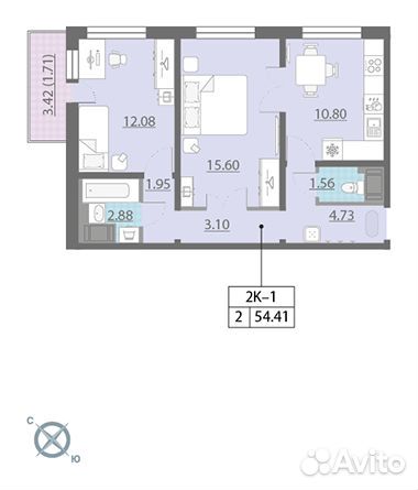 2-к квартира, 54.4 м², 17/25 эт.