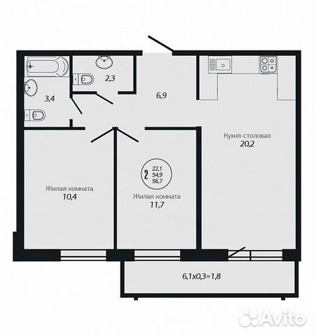 2-к квартира, 56.7 м², 19/19 эт.