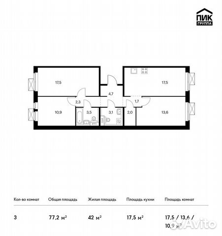 3-к квартира, 77.2 м², 7/9 эт. 3-к квартира, 77.2 м², 7/9 эт.