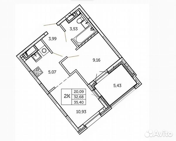 2-к квартира, 38.1 м², 9/19 эт.