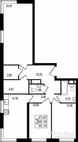 3-к квартира, 90.2 м², 9/27 эт.