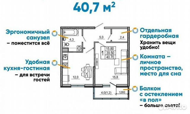 1-к квартира, 40.7 м², 15/18 эт. 1-к квартира, 40.7 м², 15/18 эт.