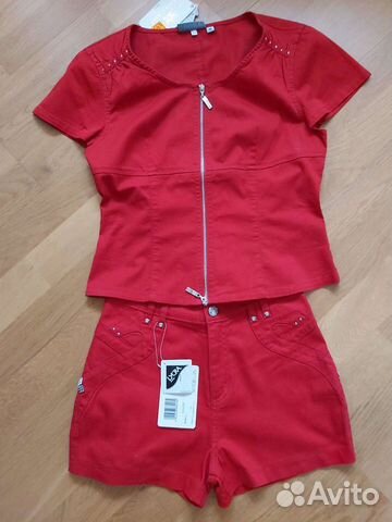 Костюм новый джинсовый красный шорты +рубашка р.М
