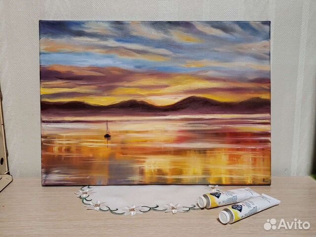Картина маслом большая 40х30 пейзаж море закат