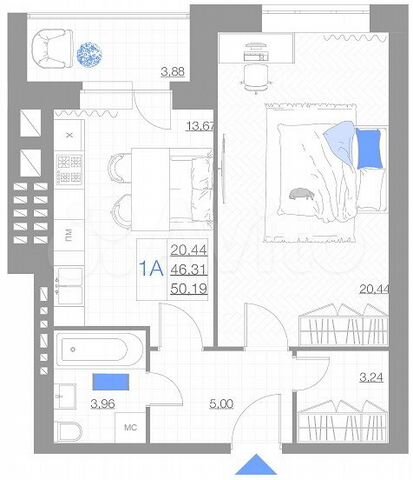 1-к. квартира, 50,2 м², 2/5 эт.