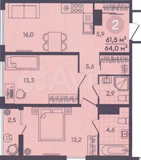 2-к. квартира, 56,4 м², 2/9 эт.