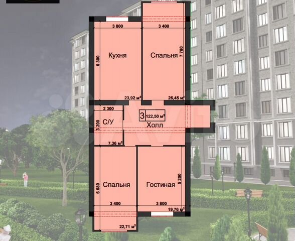 3-к. квартира, 122,5 м², 6/10 эт.