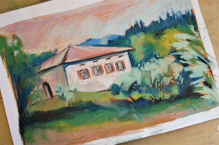 Картина пастелью, испанский летний пейзаж, рисунок