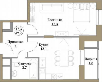 1-к квартира, 39.9 м², 10/17 эт.
