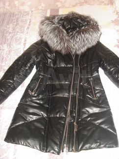 Кожаное зимнее пальто с мехом чернобурки