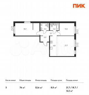 3-к квартира, 76 м², 21/25 эт.