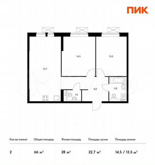 2-к квартира, 66 м², 23/30 эт.