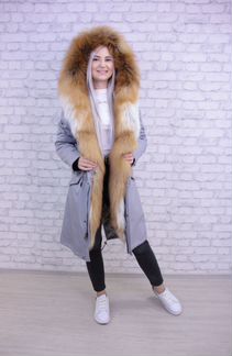 Парка пепельная с лисой LUX 90 см