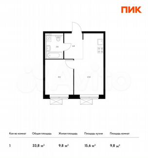 1-к квартира, 33.8 м², 5/19 эт.