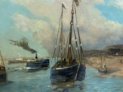 Картина холст масло, корабли в порту1930е