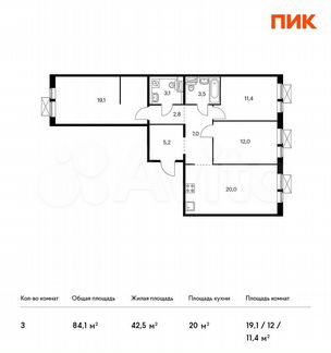 3-к квартира, 84.1 м², 3/9 эт.