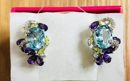 Топаз, аметист, перидот, белые цирконы Серьги