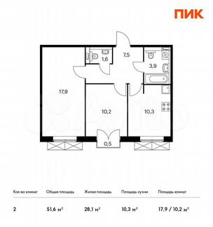 2-к квартира, 51.6 м², 6/9 эт.