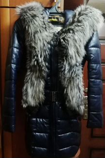 Кожаный зимний пуховик, мех натуральный 42 размер