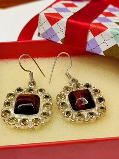 Серьги с цитринами и тигровым глазом, серебро
